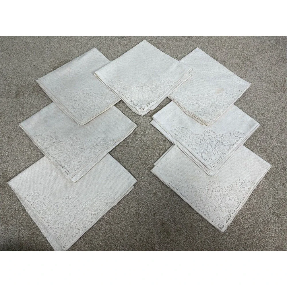 7 VTG Ivory Damask‎ Napkins 16x16” Elegant Woven Floral Border Linen Table Linen
